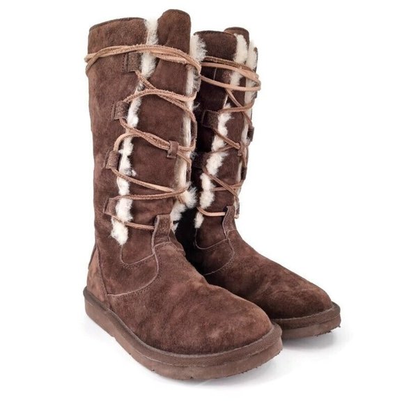 UGG Shoes - UGG Sz 7 Whitley Mid Calf Suede Boots Lace Up Sheepskin Shearling 5122 Snowbunny